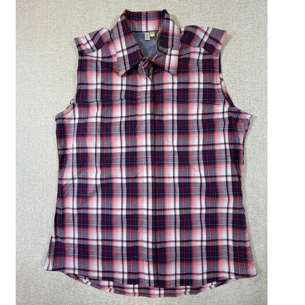 Dakini Women Medium NWT Red Blue White Plaid Sleeveless Vented Summer Shirt